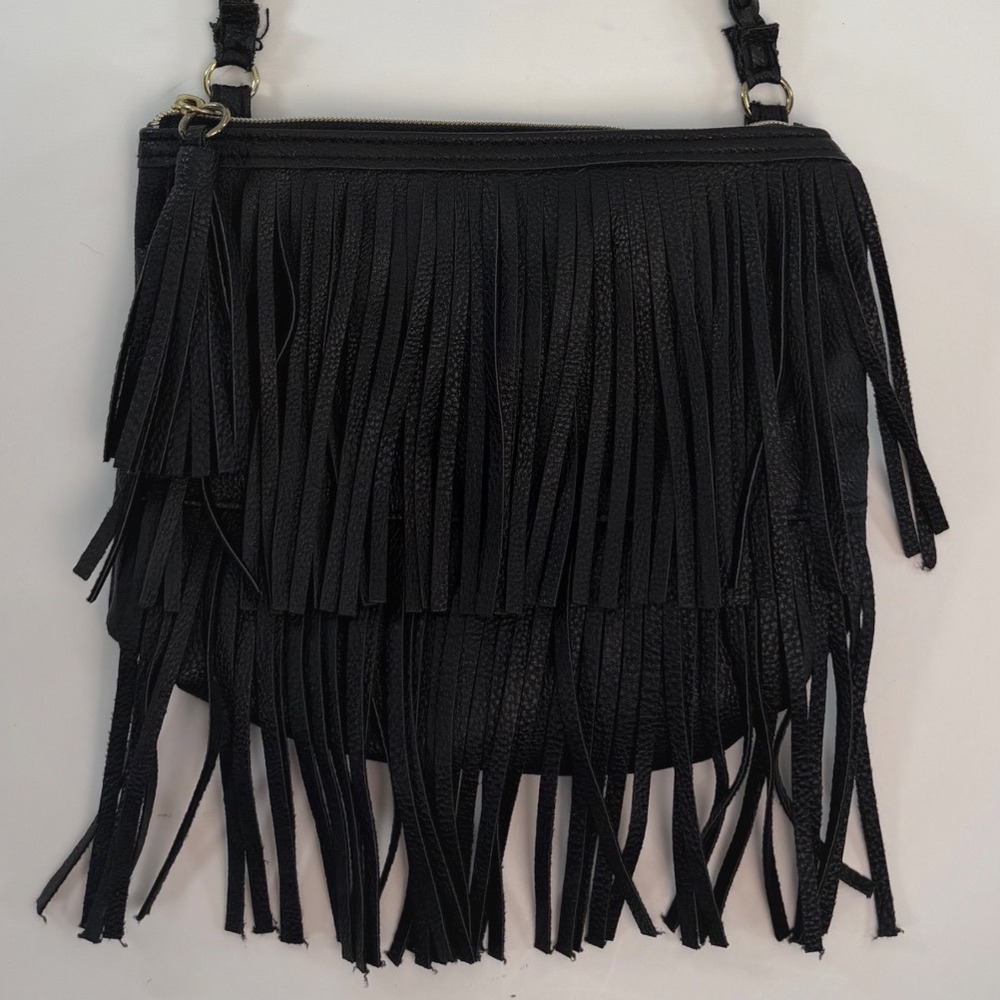 HM Black Faux Leather Fringe Crossbody Bag Tassel Boho Braided Strap Small